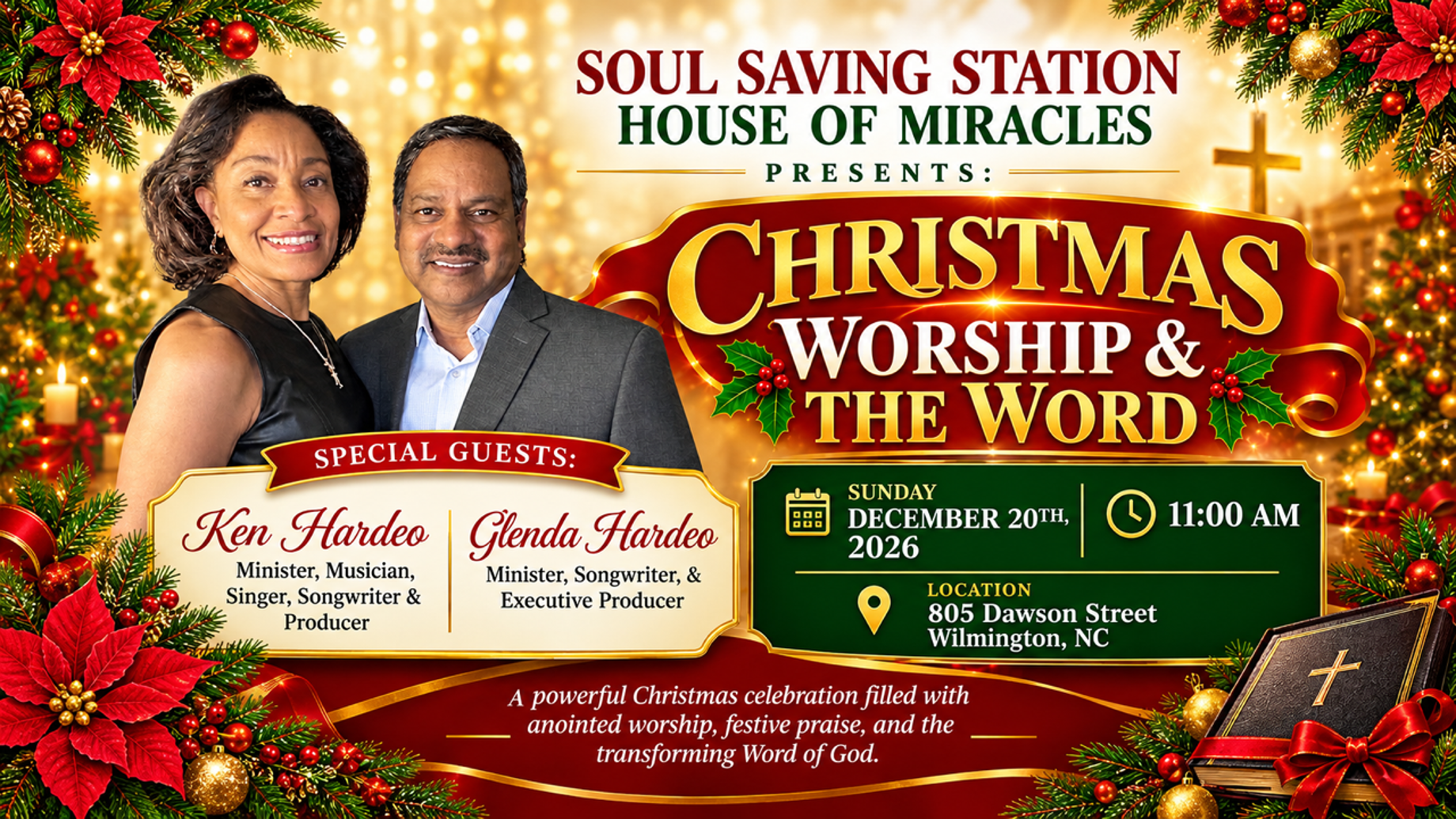 Christmas Worship and the Word invitation featuring Ken Hardeo and Glenda Hardeo