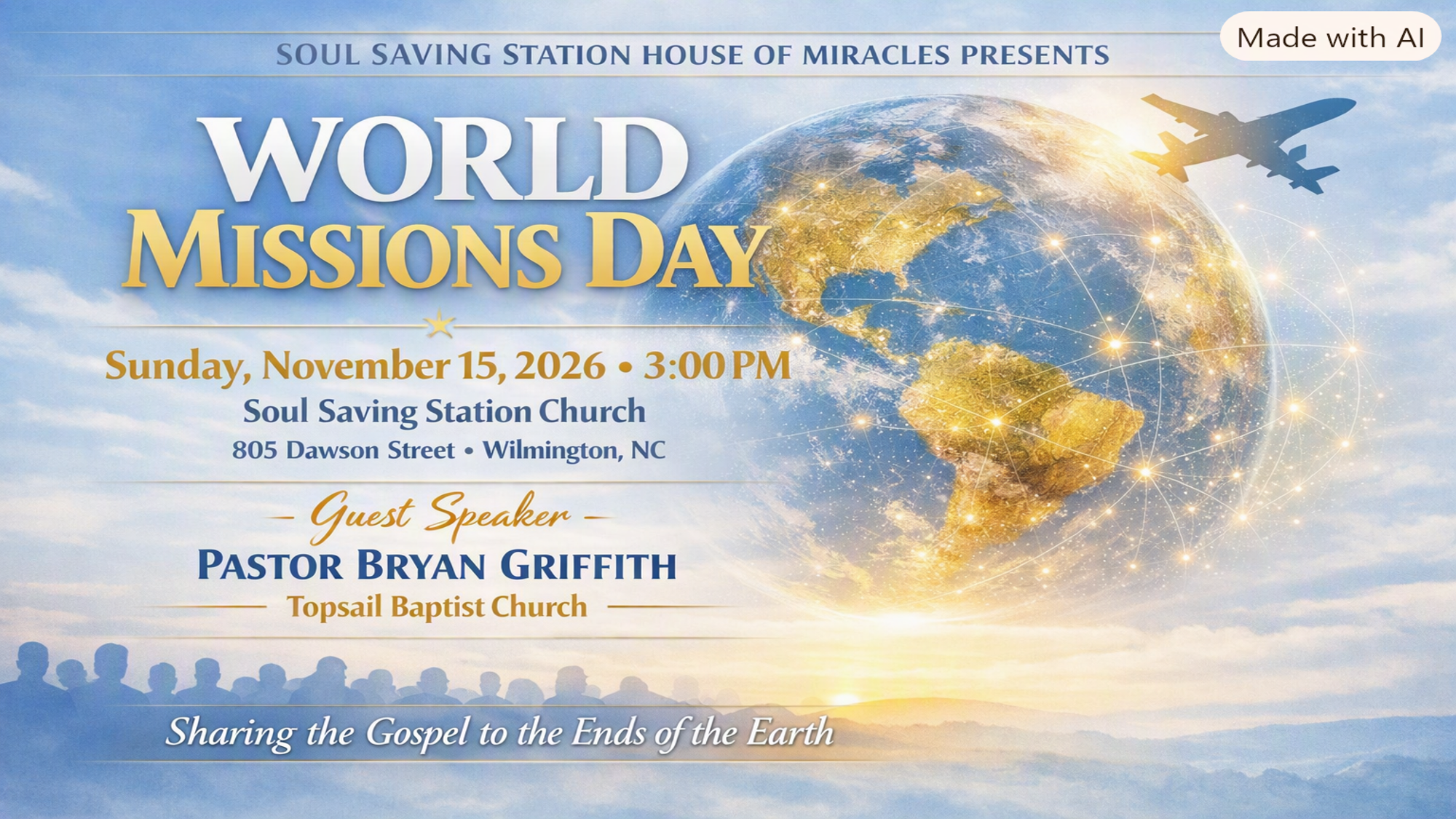 World Missions Day invitation with a blue globe and gold lettering
